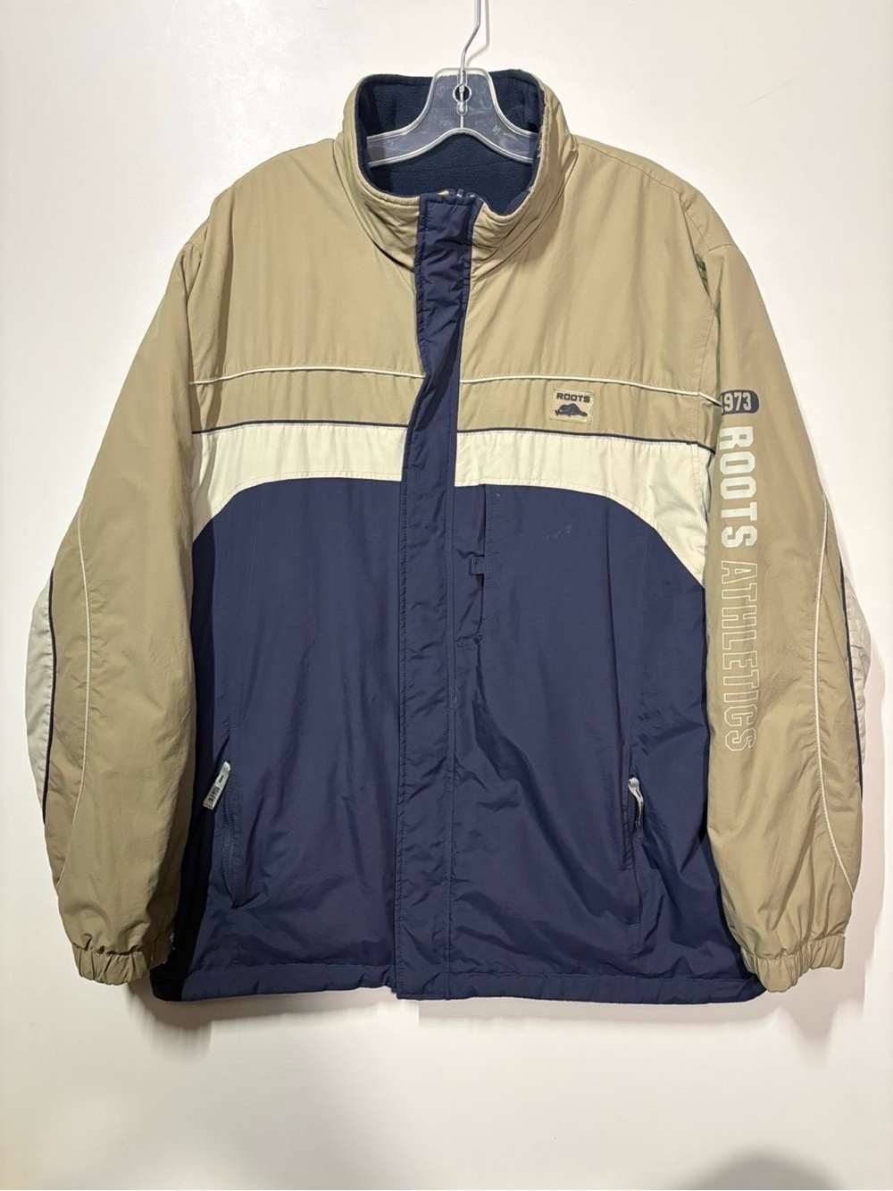 Rare Vintage Roots Men's Navy and Khaki Colorblock Reversible Jacket